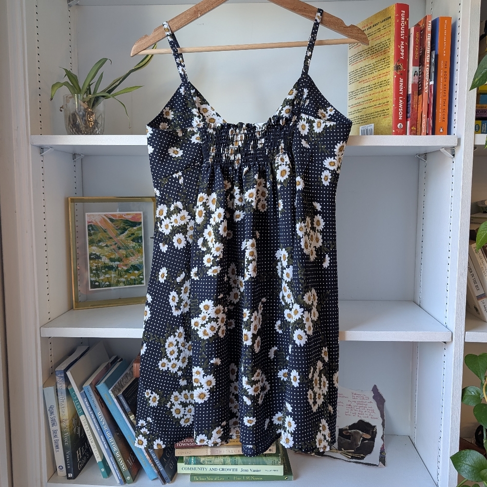 Y2K Women's Mini Slip Dress Floral Daisy Navy Blue White Polka Dot Size Large - Picture 8 of 10